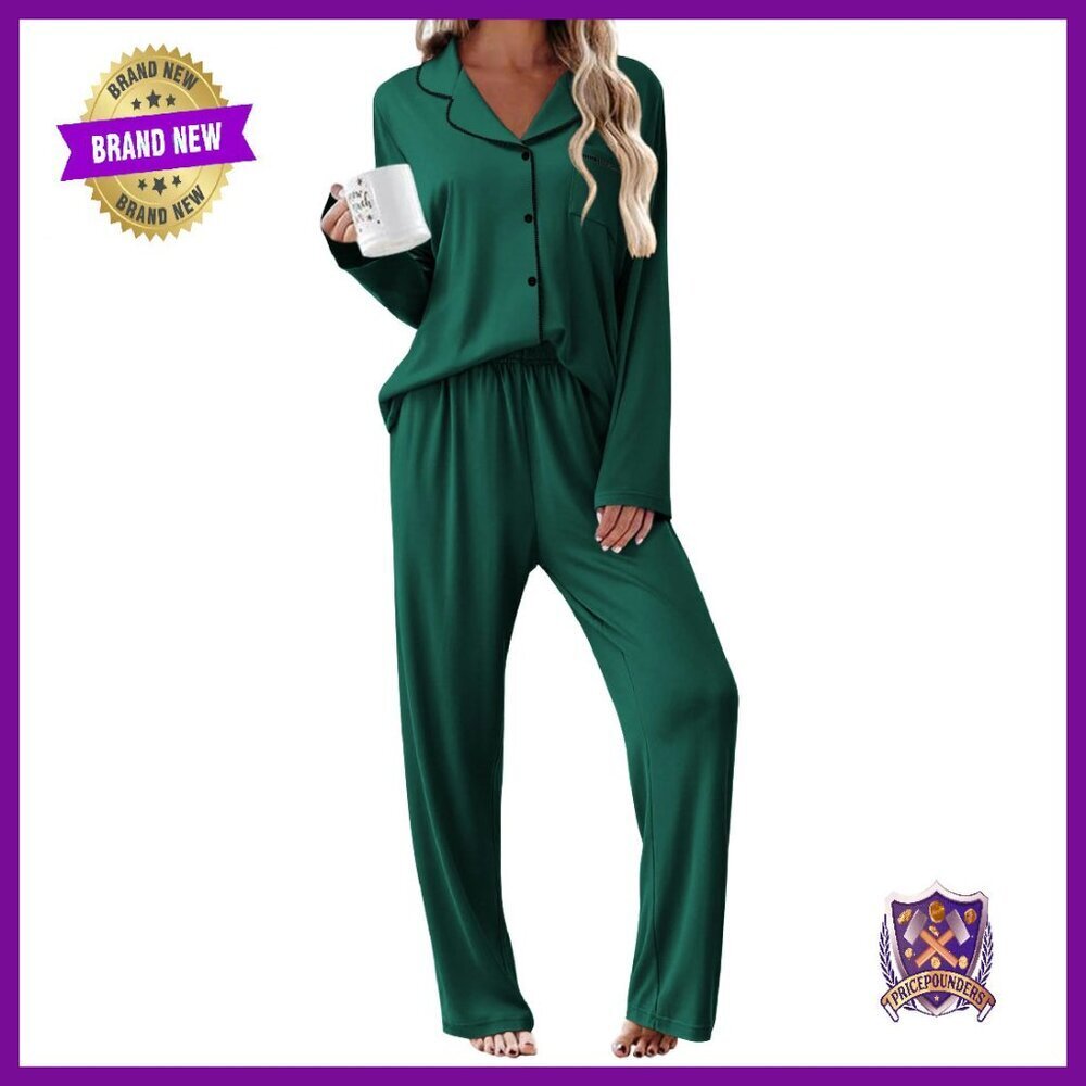 Long Sleeve Button Down Pajama Set Soft Polyester Lounge Sleepwear